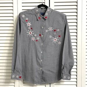 Karen Scott Button Front Embroidered Shirt Black White Check Snowflake Hearts S
